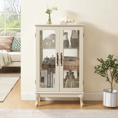Agaile 2 Doors Curio Cabinet With Tempered Glass Doors, Curio Cabinets With Mirrored Back Panel And Adjusta In White