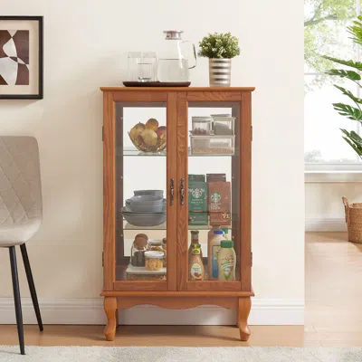 Agaile 2 Doors Curio Cabinet With Tempered Glass Doors, Curio Cabinets With Mirrored Back Panel And Adjusta In Brown