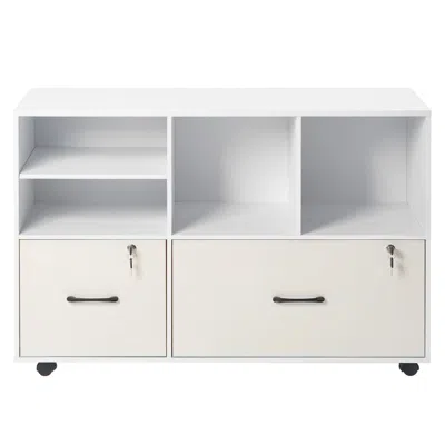 Agaile 2 Drawer Wooden File Cabinet, Mobile Filing Cabinet With Open Shelves, Lockable Lateral Rolling File In White
