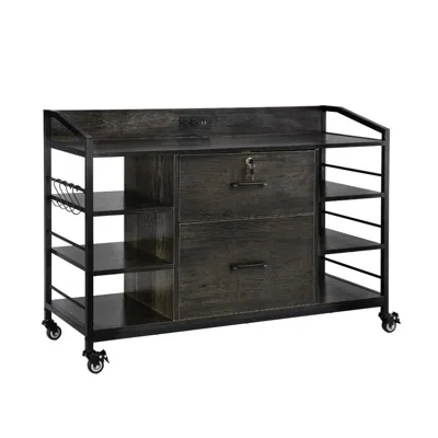 Agaile 2 Drawers Metal File Cabinet, Lateral Filing Cabinet With Lock And 6 Open Shelves, Wooden Wide Filin In Black