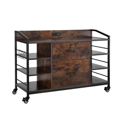 Agaile 2 Drawers Metal File Cabinet, Lateral Filing Cabinet With Lock And 6 Open Shelves, Wooden Wide Filin In Brown