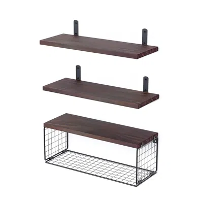 Agaile 2 In 1 Floating Shelves Wall Mounted With Storage Basket Bathroom Shelves Over Toilet Wooden Shelves In Brown