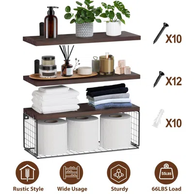 Agaile 2 In 1 Floating Shelves Wall Mounted With Storage Basket Bathroom Shelves Over Toilet Wooden Shelves In Brown