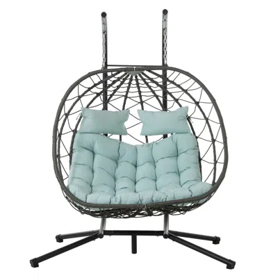 Agaile 2 Persons Egg Chair With Stand Indoor Outdoor Swing Chair Patio Wicker Hanging Egg Chair Hanging Bas In Blue