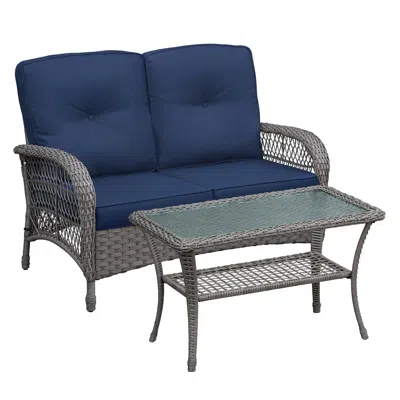 Agaile 2 Piece Outdoor Wicker Patio Furniture Set, 2-seater Rattan Loveseat With Tempered Glass Coffee Tabl In Blue