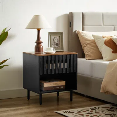 Agaile 2 Set Nightstands With Grille Striped Doors, Mid Century Modern Nightstand, Bedside Table With Slatt In Multi