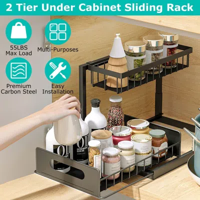 Agaile 2 Tier Under Sink Organizers Pull Out Under Cabinet Basket Storage Shelf Sliding Drawer For Kitchen  In Black