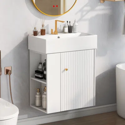 Agaile 21.6 Inch Modern Floating Bathroom Vanity With Ceramic Basin - Perfect For Small Bathrooms, Left Sid In White