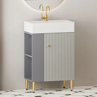 Agaile 21.6" Open-shelving Bathroom Vanity With Ceramic Sink And Soft-closing Door, Cloakroom Open Shelf St In Gray