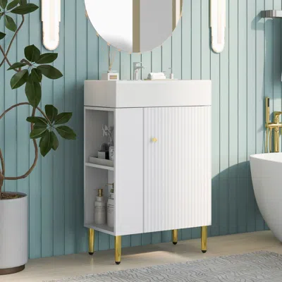 Agaile 21.6" White Bathroom Vanity, Combo Cabinet, Bathroom Storage Cabinet, Single Ceramic Sink, Left Side