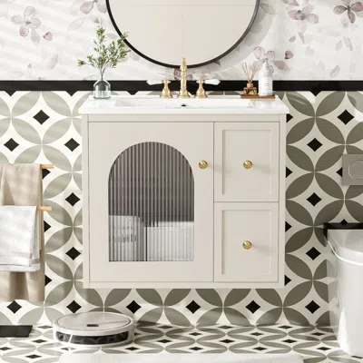 Agaile 24" Bathroom Vanity Set Wall Mounted For Small Space, Bathroom Cabinet With Ceramic Sink, 2 Drawers  In White