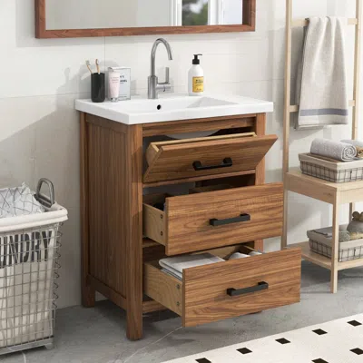 Agaile 24'' Bathroom Vanity With Ceramic Basin Sink, Modern Bathroom Storage Cabinet With 3 Drawers, Freest In Brown
