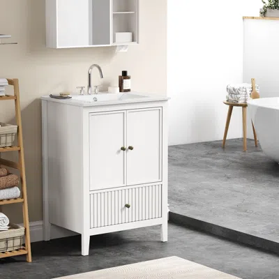 Agaile 24'' Bathroom Vanity With Sink, Modern Bathroom Vanity Sink Cabinet With Doors And Fluted Drawers, F In White
