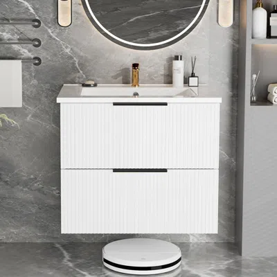 Agaile 24 Inch Bathroom Vanity Cabinet With Ceramic Sink - White Wall Mounted Floating Fluted Vanity With D
