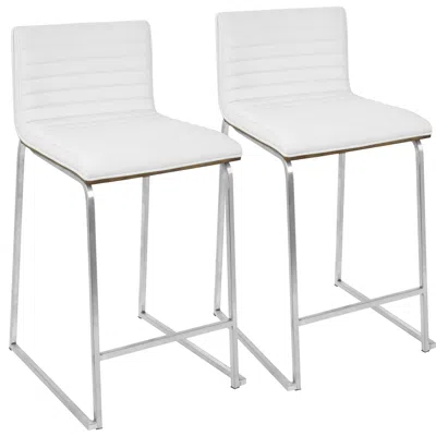 Agaile 26" Contemporary Counter Stool In Brushed Stainless Steel, Walnut Wood, And White Faux Leather - Set