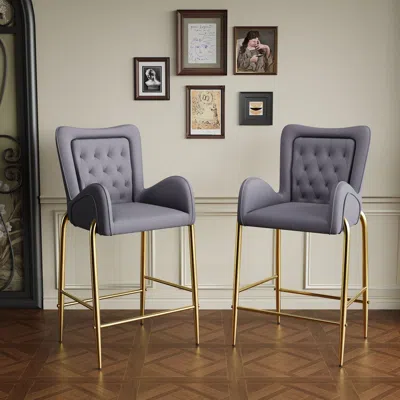 Agaile 28.75inch Counter Height Bar Stools Set Of 2, Bar Height Arm Chairs, Velvet Fabric Stools With Golde In Gray