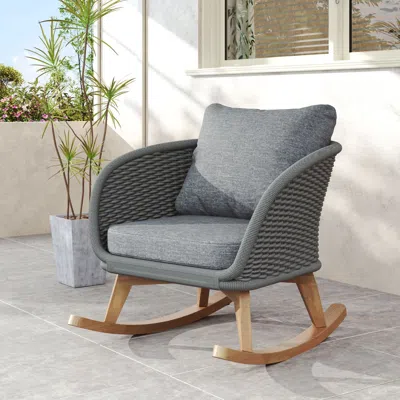 Agaile 29.5" Contemporary Minimalist Gray Wicker Rocking Chair With Soft Polyester Cushions And Durable Woo