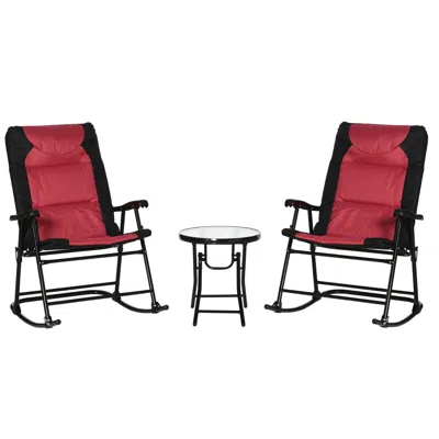 Agaile 3 Piece Outdoor Patio Furniture Set With Glass Coffee Table & 2 Folding Padded Rocking Chairs, Bistr In Red