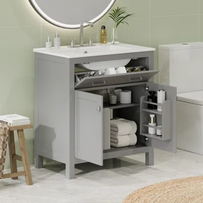 Agaile 30" Bathroom Vanity With Ceramic Sink, Modern Gray Single Bathroom Cabinet With 2 Doors And A Shelf,