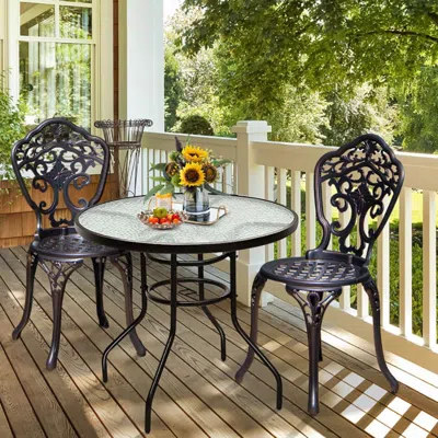 Agaile 32 Inch Patio Tempered Glass Steel Frame Round Table With Convenient Umbrella Hole In Black