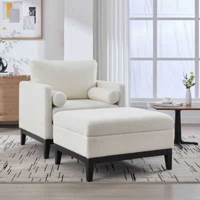 Agaile 35.4 "wide Farmhouse Performance Upholstered Wood Base Square Accent Arm Chair With Ottoman Black Fi In White