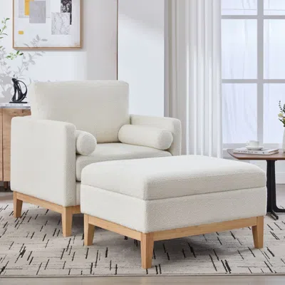 Agaile 35.4 "wide Farmhouse Performance Upholstered Wood Base Square Accent Arm Chair With Ottoman Natural  In White