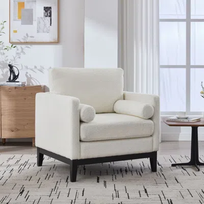 Agaile 35.4 "wide Modern Farmhouse Performance Accent Chair With Black Finish Legs, Wood Base Reading Armch In White