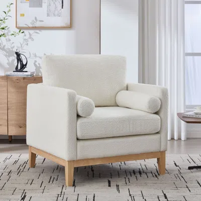 Agaile 35.4 "wide Modern Farmhouse Performance Accent Chair With Natural Wood Legs, Wood Base Reading Armch In White
