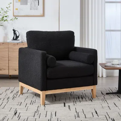 Agaile 35.4 "wide Modern Farmhouse Performance Accent Chair With Natural Wood Legs, Wood Base Reading Armch In Black