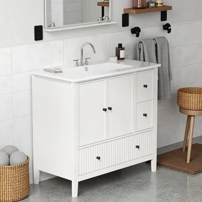 Agaile 36'' Bathroom Vanity With Sink, Modern Bathroom Vanity Sink Cabinet With Doors And Fluted Drawers, F In White
