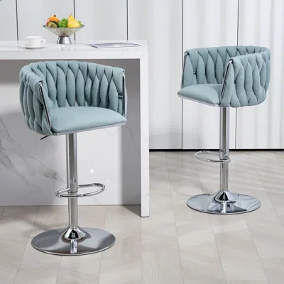 Agaile 360° Fabric Cover Swivel Bar Stools Set Of 2, Adjustable Counter Height Bar Chairs With Woven Back & In Blue