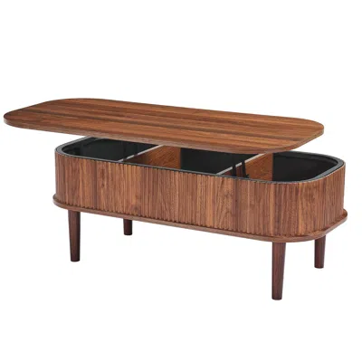 Agaile 39.4 In Lift Top Coffee Table, Fluted Oval Coffee Table With 3 Hidden Compartment, Mid Century Woode In Brown