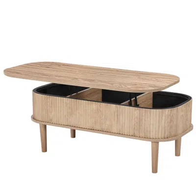 Agaile 39.4 In Lift Top Coffee Table, Fluted Oval Coffee Table With 3 Hidden Compartment, Mid Century Woode In Brown