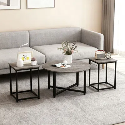 Agaile 3-piece Coffee Table Set Round Coffee Table And 2pcs Square End Tables In Gray