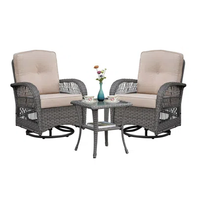 Agaile 3-piece Outdoor Wicker Swivel Rocker Bistro Set, Patio Conversation Set With 2 Swivel Rocking Chairs In Brown