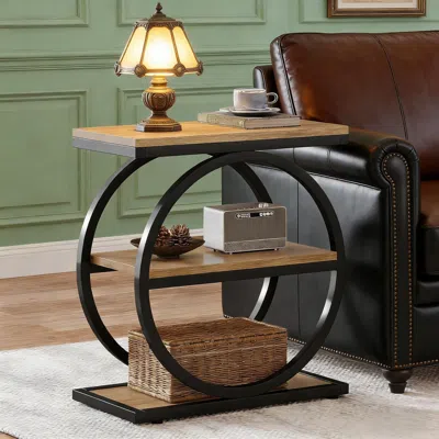 Agaile 3-tier End Table, Industrial Sofa Side Table With Round Metal Frame In Brown