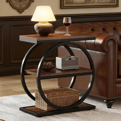 Agaile 3-tier End Table, Industrial Sofa Side Table With Round Metal Frame In Brown