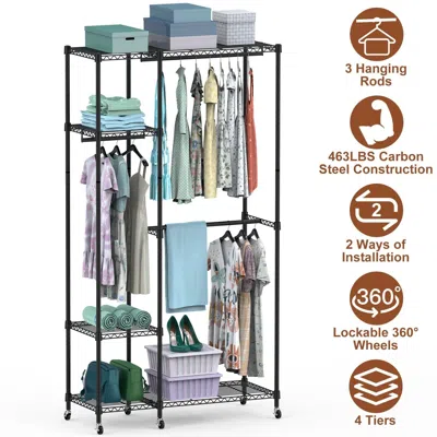 Agaile 4 Tier Heavy Duty Garment Rack With Wheels Carbon Steel Clothing Rack Portable Wardrobe Clothes Rack In Black