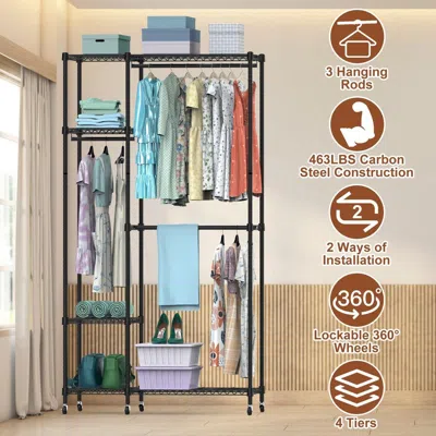 Agaile 4 Tier Heavy Duty Garment Rack With Wheels Carbon Steel Clothing Rack Portable Wardrobe Clothes Rack In Black