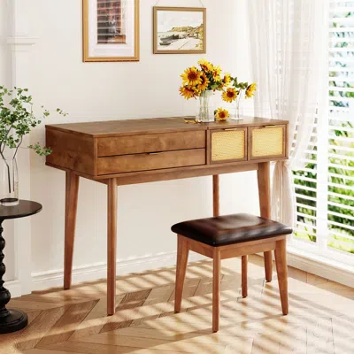 Agaile 43.3" Classic Wood Makeup Vanity Set With Flip-top Mirror And Stool, Dressing Table With Three Drawe In Brown