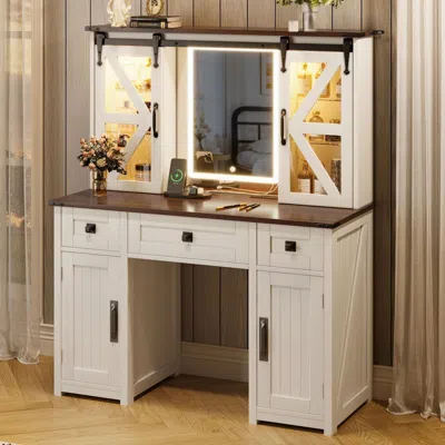 Agaile 43.3" Farmhouse Makeup Vanity Desk With Lighted Mirror, Vanity Table Set With Charging Station, Dres In White