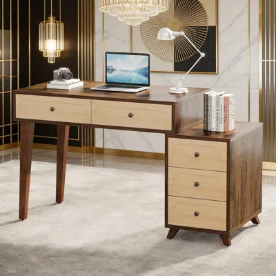 Agaile 5 Drawers Computer Desk, 51" Study Writing Table With Reversible Drawer Cabinet In Brown