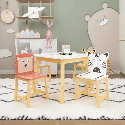 Agaile 5 Piece Kiddy Table And Chair Set, Kids Wood Table With 4 Chairs Set Cartoon Animals (bigger Table) 