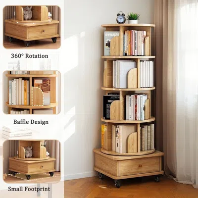 Agaile 5 Tier Rotating Bookshelf, 360° Display Round Spinning Bookshelf With Wheels, Space-saving, Small Sp In Gold