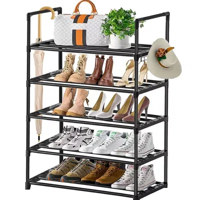 Agaile 5 Tiers Shoe Rack With Hook, Stackable Shoe Organizer Storage For Shoe And Boot, Shoe Shelf For Clos In Black