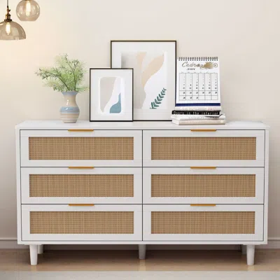 Agaile 51.18"6-drawers Rattan Storage Cabinet Rattan Drawer,for Bedroom,living Room,white (same Sku:w757p17