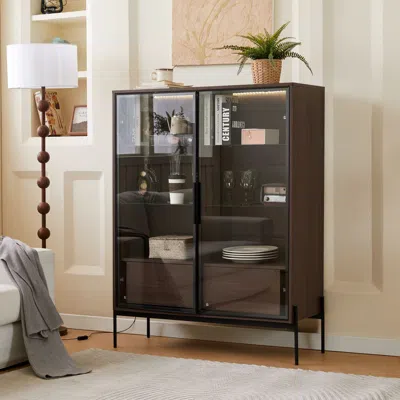 Agaile 51.2'' Tall Lighted Display Cabinet With Tempered Glass Door, Metal Legs, Led Curio Cabinet, Modern  In Brown