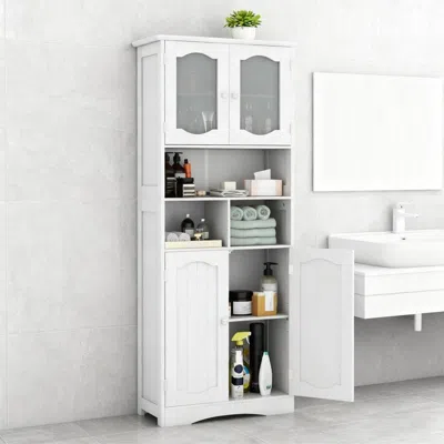 Agaile 58.5 Inch Freestanding Linen Bathroom Storage Cabinet With Frost Glass Doors In White