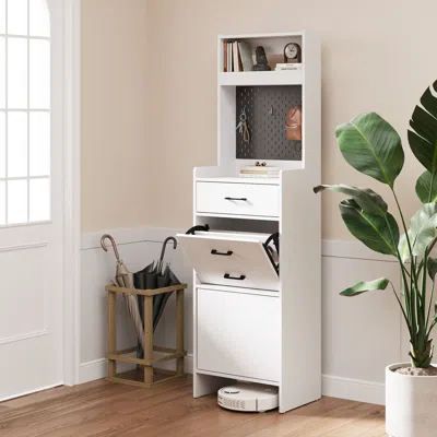 Agaile 5-in-1 Shoe Cabinet With Flip Drawer, Entryway Shoe Storage With Pegboard, Adjustable Shelf, Wood En In White