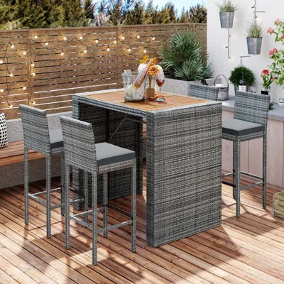 Agaile 5-pieces Outdoor Patio Wicker Bar Set, Bar Height Chairs With Non-slip Feet And Fixed Rope, Removabl In Gray